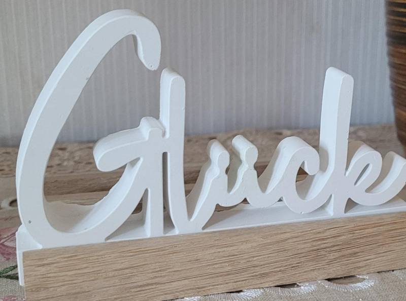 Dekoration "Glück", Schriftzug-Raysin - Weiß - Holzpodest von Etsy - raysofinspiration66