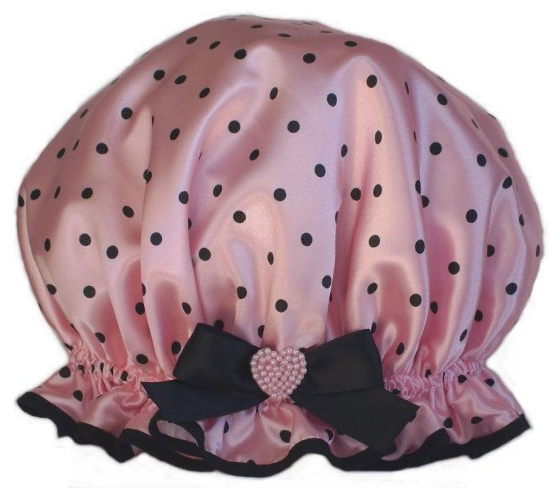Rosa Und Schwarze Tupfen-Satin-Duschhaube - Dottie von Etsy - soprettyshowercaps