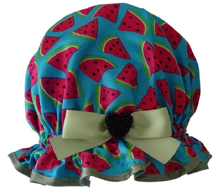 Spaß Wassermelonen-Print Satin Duschhaube - Melon Splash von Etsy - soprettyshowercaps