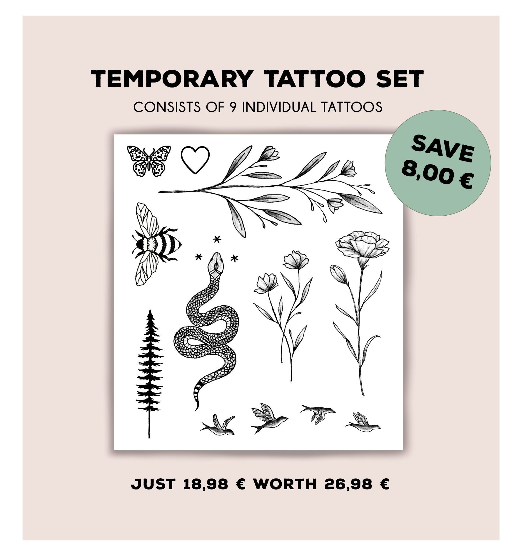 Blumen Tattoo Set/Biene Fake Temporäres Rosen Pack Schlange Hipster Herz Klebetattoo Blumen Tattoo Set/Biene Fake Temporäres Rosen Pack Schlange Hipster Herz Klebetattoo von Etsy - temptatco
