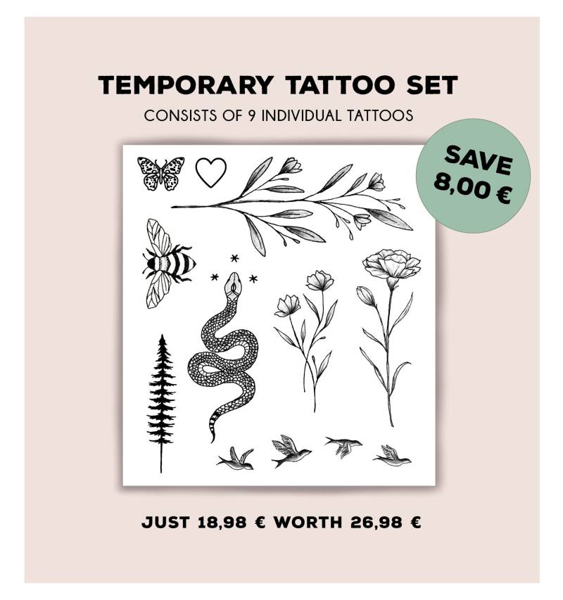 Blumen Tattoo Set/Biene Fake Temporäres Rosen Pack Schlange Hipster Herz Klebetattoo von Etsy - temptatco