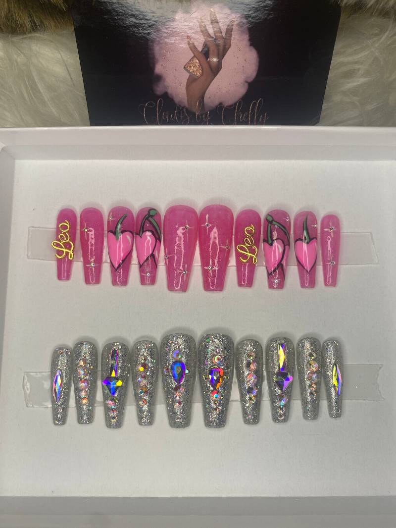 Leo Nägel | Sternzeichen Pinke Bling Sargnägel Pressons Aufdrücken Diamantnägel von Etsy - xClawsByChellyx