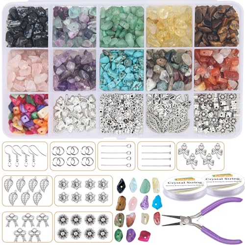 EuTengHao 933 Stück unregelmäßige Steinperlen mit natürlichen Edelstein-Perlen, Set mit Ohrringhaken, Abstandshalter, Perlen, Anhänger, Charms, Biegeringe für DIY-Schmuck, Halsketten, Armbänder von EuTengHao