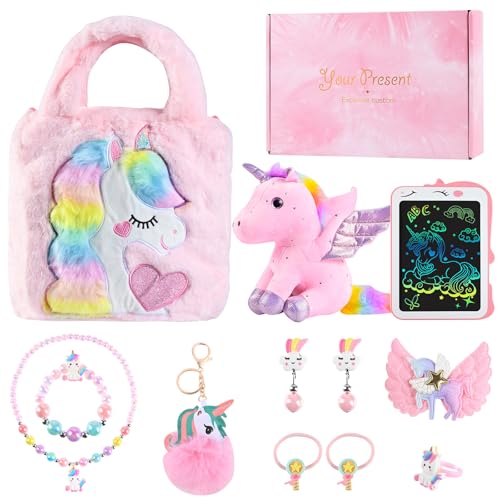 Einhorn Geschenke für Mädchen, Euakee Prinzessin Geschenk für Kinder Mädchen 3-8 Jahren, Einhorn Kuscheltier Zaubertafel Handtasche Schmuckset Weihnachten Geburtstagsgeschenk (Rosa) von Euakee
