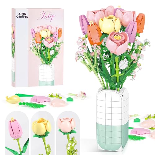 Euakee Blumen Bausteine Bausatz, Blumen Bauspielzeugset mit Vase, DIY Pflanze Blumenstrauß Dekoration, Idee Geschenke für Valentinstag Geburtstage Muttertag (Rosa Schneeberg) von Euakee