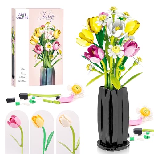 Euakee Blumen Bausteine Bausatz, Blumen Bauspielzeugset mit Vase, DIY Pflanze Blumenstrauß Dekoration, Idee Geschenke für Valentinstag Geburtstage Muttertag (Tulpe) von Euakee