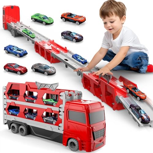 Euakee Carrier Truck Spielzeug für Kleinkinder, Diecast Transport Truck Car Toys Lange Rennstrecke für Jungen Kinder, Truck Spielzeug Geschenk für 2 3 4 5 Jahre alte Jungen und Mädchen (Rot) von Euakee