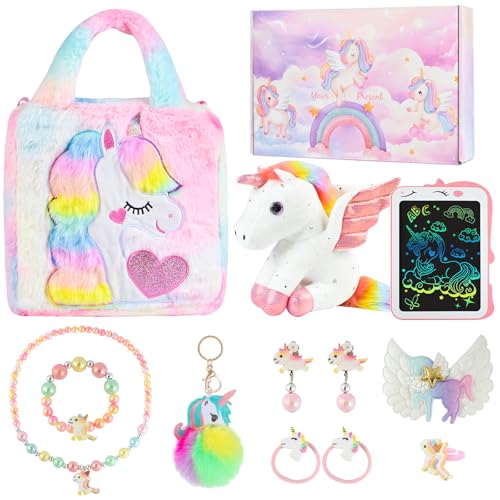 Euakee Einhorn Geschenke für Mädchen, Prinzessin Geschenk für Kinder Mädchen 3-8 Jahren, Einhorn Kuscheltier Zaubertafel Handtasche Schmuckset Weihnachten Geburtstagsgeschenk (Bunt) von Euakee