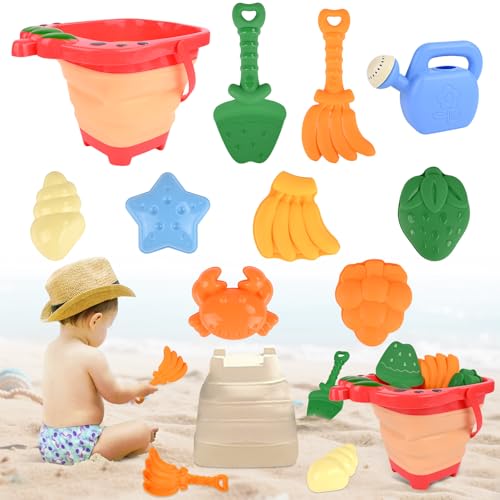 Euakee Sandspielzeug für Kinder, 10 Stück Sandspielzeug mit Erdbeere Faltbarer Eimer, Sanspielzeugset, Sandspielzeug Strand, Sandkasten Spielzeug für Kinder 3 4 5 6 7 Jahre (Rot) von Euakee