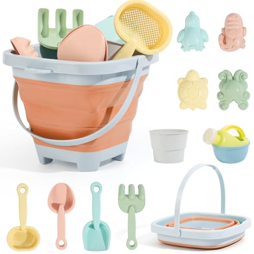 Euakee Sandspielzeug für Kinder, 11 Stück Sandspielzeug mit Faltbarer Eimer, Sanspielzeugset, Sandspielzeug Strand, Sandkasten Spielzeug für Kinder 3 4 5 6 7 Jahre (Orange) von Euakee