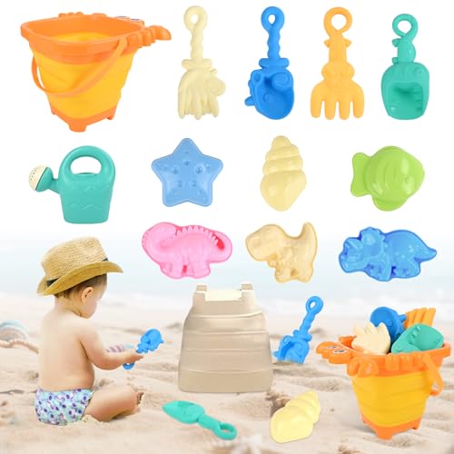 Euakee Sandspielzeug für Kinder, 12 Stück Sandspielzeug mit Krabbe Faltbarer Eimer, Sanspielzeugset, Sandspielzeug Strand, Sandkasten Spielzeug für Kinder 3 4 5 6 7 Jahre (Gelb) von Euakee