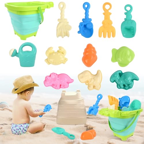 Euakee Sandspielzeug für Kinder, 12 Stück Sandspielzeug mit Krokodil Faltbarer Eimer, Sanspielzeugset, Sandspielzeug Strand, Sandkasten Spielzeug für Kinder 3 4 5 6 7 Jahre (Grün) von Euakee