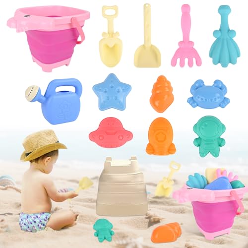 Euakee Sandspielzeug für Kinder, 12 Stück Sandspielzeug mit Pony Faltbarer Eimer, Sanspielzeugset, Sandspielzeug Strand, Sandkasten Spielzeug für Kinder 3 4 5 6 7 Jahre (Rosa) von Euakee