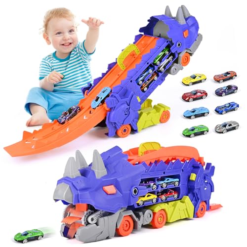 Transport Truck Spielzeug Autos, tragbare Dinosaurier Rennstrecke Truck Spielzeug mit 6 Rennwagen, Träger LKW Fahrzeuge Set für Kinder für Jungen Alter 3 4 5 6 7 von Euakee