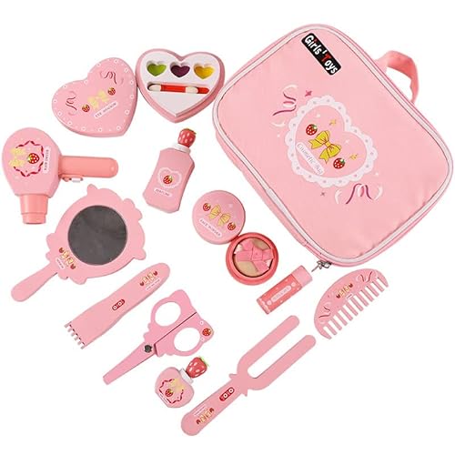 Holz Kinderschminke Set, schminkset mädchen, Kinder 12 teiliges Schminke Friseur Beauty Set, Frisierkoffer Spielzeug für Kinder Holzschminke Geburtstagsgeschenk ab 3-7 Jahre von Euakee