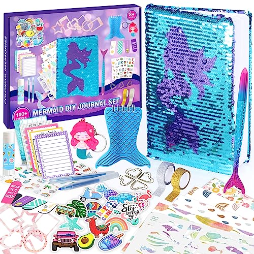 Meerjungfrau DIY Journal Set, 100+PCS Reversible Pailletten Scrapbook & Diary Supplies Set, Kunst und Handwerk Kits, Tagebuch Zeug für Tweens Teens, großes Geschenk für 8-14 Jahre alte Mädchen (lila) von Euclidean Cube