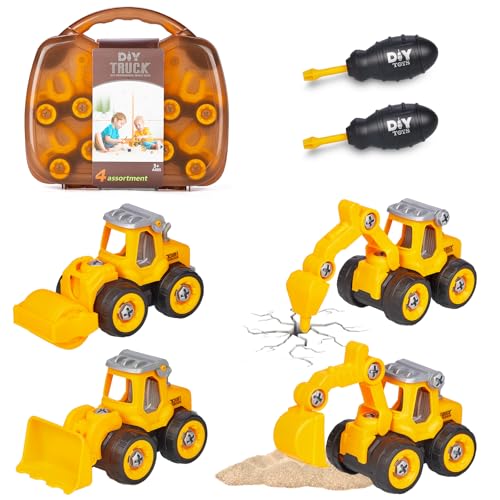 Eucomir 4-in-1-Bau-LKW-Spielzeug, Bagger, Bulldozer, Straßenwalze, Betonbrecher, Bagger, BAU-LKW-Spielzeug für Kleinkinder ab 2 Jahren, Orange Farbe von Eucomir