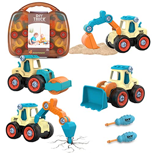 Eucomir 4-in-1-Bau-LKW-Spielzeug, Bulldozer, Bagger, Straßenwalze, Bagger, Betonbrecher, BAU-LKW-Spielzeug für Kleinkinder ab 2 Jahren von Eucomir