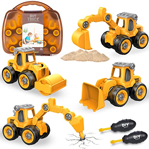 Eucomir 4-in-1-Bau-LKW-Spielzeug zum Zusammenbauen, Bulldozer, Bagger, Straßenwalze, Bagger, Betonbrecher, BAU-LKW-Spielzeug für 2-jährige Kinder von Eucomir