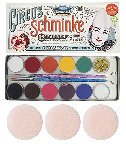 Eulenspiegel 212288 - Metall-Palette Circus Roncalli, 10 x 5 g Farben, 1 Glitter Classic Gold, 1 Glitter Perlmutt, 2 Celebration-Pinsel, 3 Schwämme von Eulenspiegel