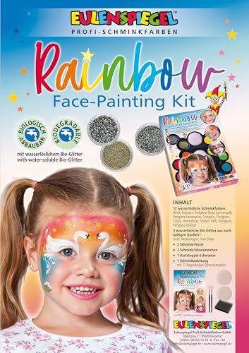 Eulenspiegel 212080 - Rainbow Face Schmink-Palette, 12 Profi-Aqua Farben, 3 Glitzer, 2 Schwämme, 1 Bart-Stoppel-Schwamm, 2 Pinsel, 1 Schminkanleitung von Eulenspiegel