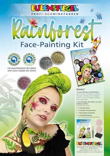 Eulenspiegel 212097 - Rainforest Face Schmink-Palette, 12 Profi-Aqua Farben, 3 Glitzer, 2 Schwämme, 1 Bart-Stoppel-Schwamm, 2 Pinsel, 1 Schminkanleitung von Eulenspiegel