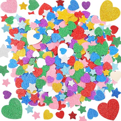 EupHHonycs 480 Stück Glitzernde Schaumstoff Aufkleber Bunte Schaum Sternaufkleber Selbstklebende Schaum Herzaufkleber Mini Sternaufkleber für Kunsthandwerk Sammelalben DIY Dekoration, Bunte von EupHHonycs