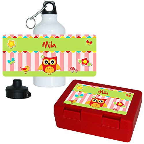 Brotdose + Trinkflasche Set mit Namen Mila und Eulen-Motiv für Mädchen | Aluminium-Trinkflasche | Lunchbox | Vesper-Box von Eurofoto