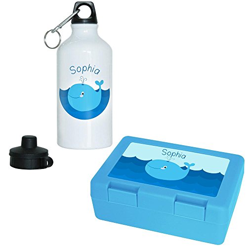 Eurofoto Brotdose + Trinkflasche Set mit Namen Sophia und Motiv mit Blauwal für Mädchen | Aluminium-Trinkflasche | Lunchbox | Vesper-Box von Eurofoto