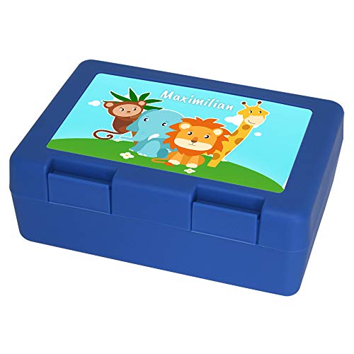 Brotdose mit Namen Maximilian und Tier-Motiv mit AFFE, Elefant, Löwe und Giraffe für Jungen | Brotbox blau | Vesperdose | Vesperbox | Brotzeitdose mit Vornamen von Eurofoto