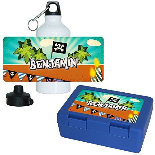Eurofoto Brotdose + Trinkflasche Set mit Namen Benjamin und schönem Piraten-Motiv für Jungen | Aluminium-Trinkflasche | Lunchbox | Vesper-Box von Eurofoto