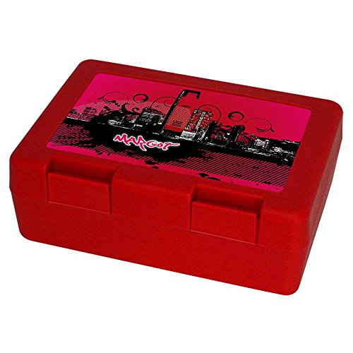Eurofoto Brotdose mit Namen Margot und schönem Motiv mit Skyline in pink für Mädchen - Brotbox - Vesperdose - Vesperbox - Brotzeitdose mit Vornamen von Eurofoto