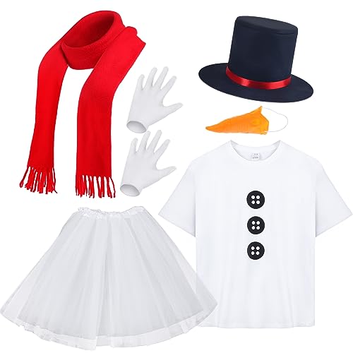 6 Stück Weihnachten Erwachsene Schneemann Kostüm Kit Tutu Rock Fake Karotte Nase Shirt Schal Hut Handschuhe für Frauen Party Cosplay, Schwarz/Rot/Weiß, L von Eurzom