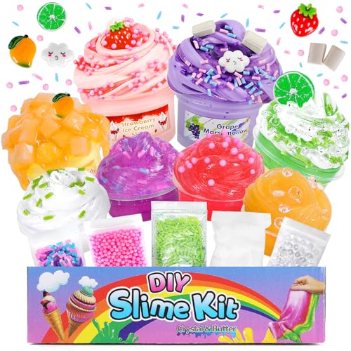 Eutionho Schleim Set für Kinder,8er-Pack Clear Slime und Butter Slime,Fluffy Slime mit Fruchtduft und 6 Dekorationsteilen,Schleim Selber Machen Set,Geschenk für Mädchen und Jungen im 6-12 Jahren von Eutionho