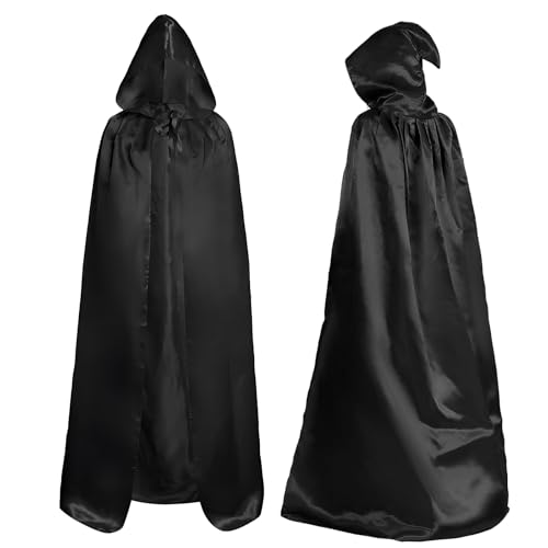 Evankin Unisex-Halloween-Umhang mit Kapuze, 150 cm, Kapuzenumhang für Erwachsene, Hexen-Vampire, Cosplay-Party-Kostüme, Schwarz, Einheitsgröße von Evankin