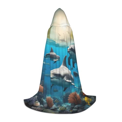 Evengigy Kapuzenumhang mit Delfinen, Meeresschildkröte, Hai, Oktopus, Korallendruck, für Teenager, Halloween, Cosplay, Umhang von Evengigy