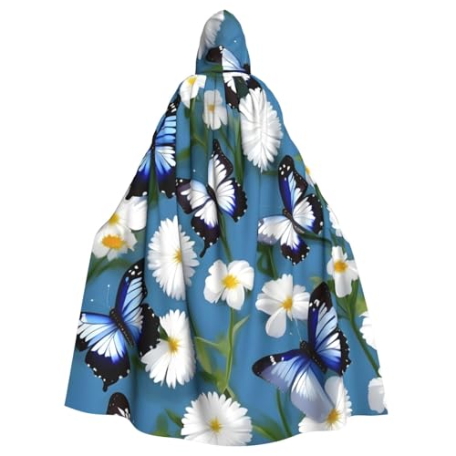 Evengigy Kapuzenumhang mit blauen Schmetterlingen, weißen Blumen, für Damen, Herren, Erwachsene, vielseitiges Partykleid, Hexenumhang von Evengigy
