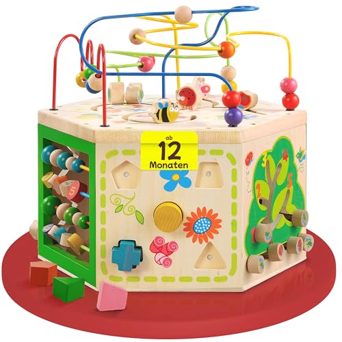 EverEarth 7 in 1 Motorikwürfel ab 1 Jahr – Motorikspielzeug ab 1 Jahr mit sicheren Wasserfarben, Motorikschleife aus nachhaltigem Holz, Activity Center Baby EE33285 (39 x 35,5 x 41 cm) von EverEarth
