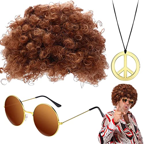 EviKoo Hippie-Kostümzubehör-Set für Herren, Hippie-Haarperücke, Sonnenbrille, Disco-Hippie-Halskette, Sonnenbrille, Disco-Perücke und Sonnenbrille, Partyzubehör zum Thema 50er/60er/70er Jahre von EviKoo