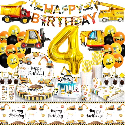 Bagger Partygeschirr Kindergeburtstag 4 Jahre - Geburtstag Deko Junge Mit Luftballons, Pappteller, Tischdecke für 16 Gäste von Eviznbou