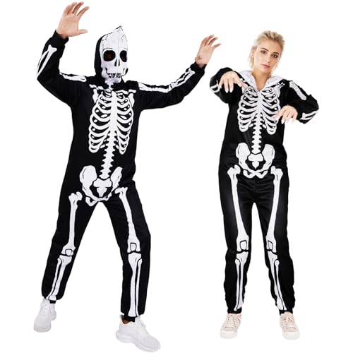 Evolyline Halloween Skelett Jumpsuit Unisex mit Kapuze Onesie Gruselig Halloween Kostüm Overall für Damen Herren Einteile Erwachsene Schlafanzug Männer Frauen Cosplay, Karneval Evolyline Halloween Skelett Jumpsuit Unisex mit Kapuze Onesie Gruselig Halloween Kostüm Overall für Damen Herren Einteile Erwachsene Schlafanzug Männer Frauen Cosplay, Karneval von Evolyline