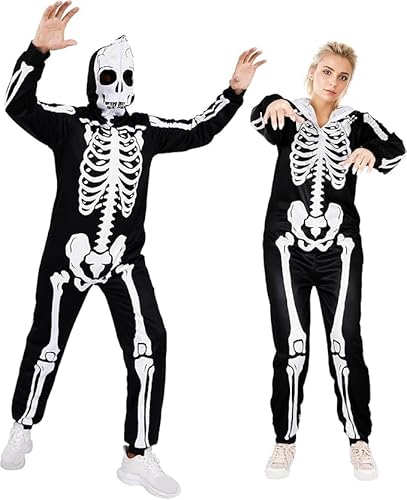 Evolyline Halloween Skelett Jumpsuit Unisex mit Kapuze Onesie Gruselig Kostüm Overall für Damen Herren Einteile Erwachsene Schlafanzug Männer Frauen Cosplay, Karneval von Evolyline