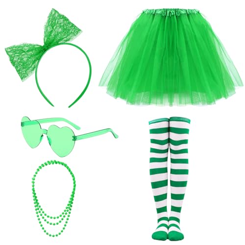 Ewaycom Grünes Tutu-Kostüm-Zubehör-Set für Damen, 4-lagiger Tüll-Tutu-Rock, Herz, Sonnenbrille, Schleife, Stirnband, Halskette und gestreifte Strümpfe, Sets für Damen, Valentinstag, Cosplay, Party, Ewaycom Grünes Tutu-Kostüm-Zubehör-Set für Damen, 4-lagiger Tüll-Tutu-Rock, Herz, Sonnenbrille, Schleife, Stirnband, Halskette und gestreifte Strümpfe, Sets für Damen, Valentinstag, Cosplay, Party, von Ewaycom