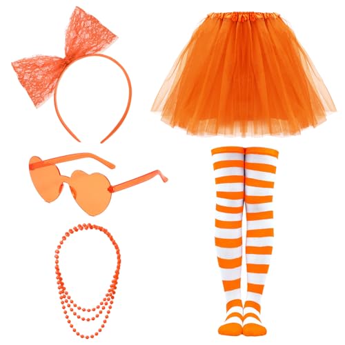 Ewaycom Orangefarbenes Tutu-Kostüm-Zubehör-Set für Damen, 4-lagiger Tüll-Tutu-Rock, Herz, Sonnenbrille, Schleife, Stirnband, Halskette und gestreifte Strümpfe, Sets für Damen, Valentinstag, Cosplay, Ewaycom Orangefarbenes Tutu-Kostüm-Zubehör-Set für Damen, 4-lagiger Tüll-Tutu-Rock, Herz, Sonnenbrille, Schleife, Stirnband, Halskette und gestreifte Strümpfe, Sets für Damen, Valentinstag, Cosplay, von Ewaycom