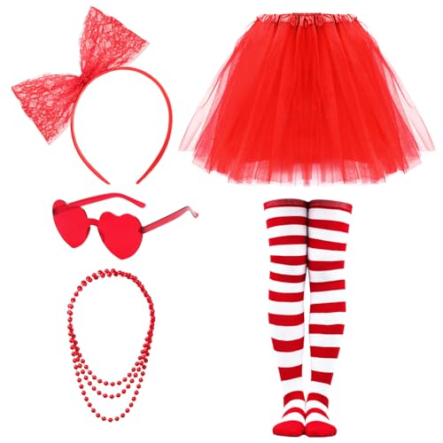Ewaycom Rotes Tutu-Kostüm-Zubehör-Set für Damen, 4-lagiger Tüll-Tutu-Rock, Herz, Sonnenbrille, Schleife, Stirnband, Halskette und gestreifte Strümpfe, Sets für Damen, Valentinstag, Cosplay, Party, Ewaycom Rotes Tutu-Kostüm-Zubehör-Set für Damen, 4-lagiger Tüll-Tutu-Rock, Herz, Sonnenbrille, Schleife, Stirnband, Halskette und gestreifte Strümpfe, Sets für Damen, Valentinstag, Cosplay, Party, von Ewaycom