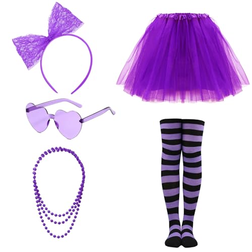 Ewaycom Violettes Tutu-Kostüm-Zubehör-Set für Damen, 4-lagiger Tüll-Tutu-Rock, Herz, Sonnenbrille, Schleife, Stirnband, Halskette und gestreifte Strümpfe, Sets für Damen, Valentinstag, Cosplay, Party, Ewaycom Violettes Tutu-Kostüm-Zubehör-Set für Damen, 4-lagiger Tüll-Tutu-Rock, Herz, Sonnenbrille, Schleife, Stirnband, Halskette und gestreifte Strümpfe, Sets für Damen, Valentinstag, Cosplay, Party, von Ewaycom
