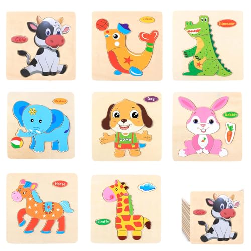 8 Pieces Children's Wooden Puzzle,Educational Toy Bag for Baby, with Animals Wooden Steckpuzzle for Children,Birthday Gifts for Kids von Exbrith