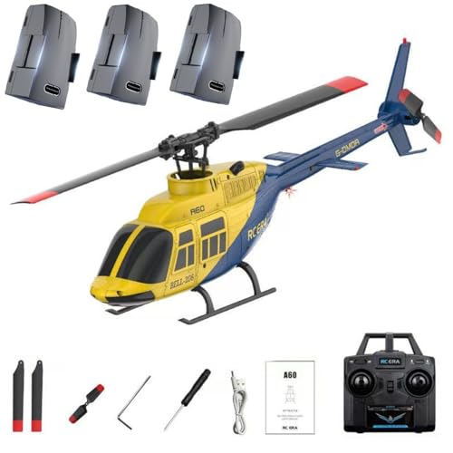 A60 1:42-Maßstab RC Helikopter, BELL206 90-Klasse 2,4G 4-Kanal Einzelrotor-Schwungarmfreier Mini-Ferngesteuerter Hubschrauber Für Erwachsene, Mit Optical-Flow-Höhenhalt (RTF-Version/Gelb Und Blau) von ExploTex