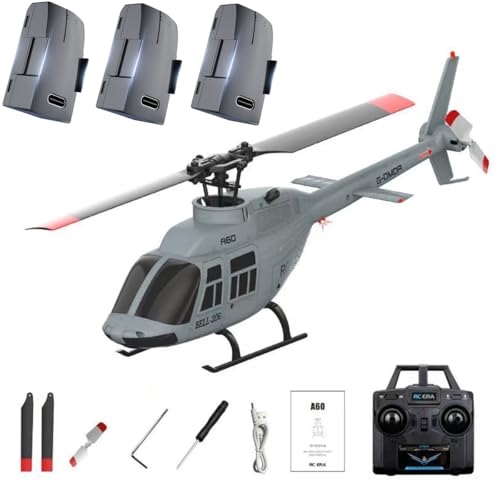 A60 1:42-Maßstab RC Helikopter, BELL206 90-Klasse 2,4G 4-Kanal Einzelrotor-Schwungarmfreier Mini-Ferngesteuerter Hubschrauber Für Erwachsene, Mit Optical-Flow-Höhenhalt (RTF-Version/Grau) von ExploTex