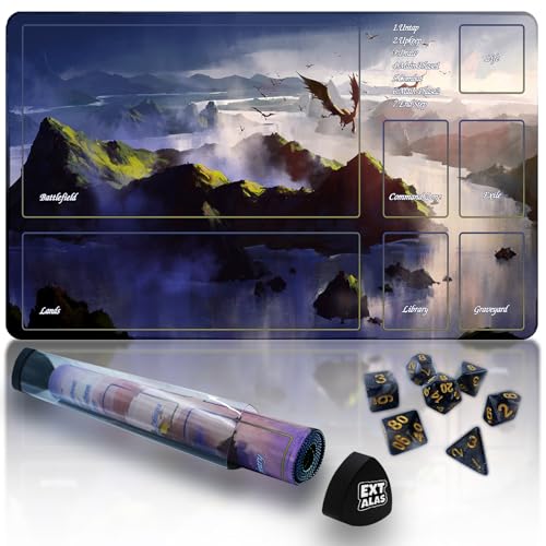Extalas MTG Playmat TCG Playmat - Inklusive Aufbewahrungsröhre und 7 Würfel-Erlebnis-Qualität und Kantenverriegelung, wasserdichte und rutschfeste Matte! (Spielmatte mit Zonen, 2 fliegende Drachen) von Extalas